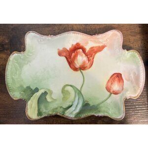 Antique Old Abbey Limoges France Rectangle Porcelain Hand-Painted Tulips Scallop